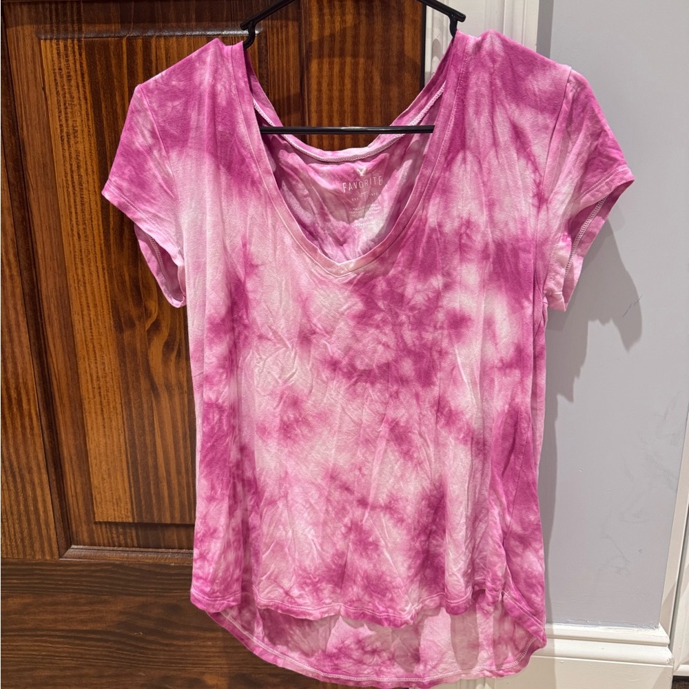 American Eagle Outfitters Pink and White Relaxed Short Sleeve Tee